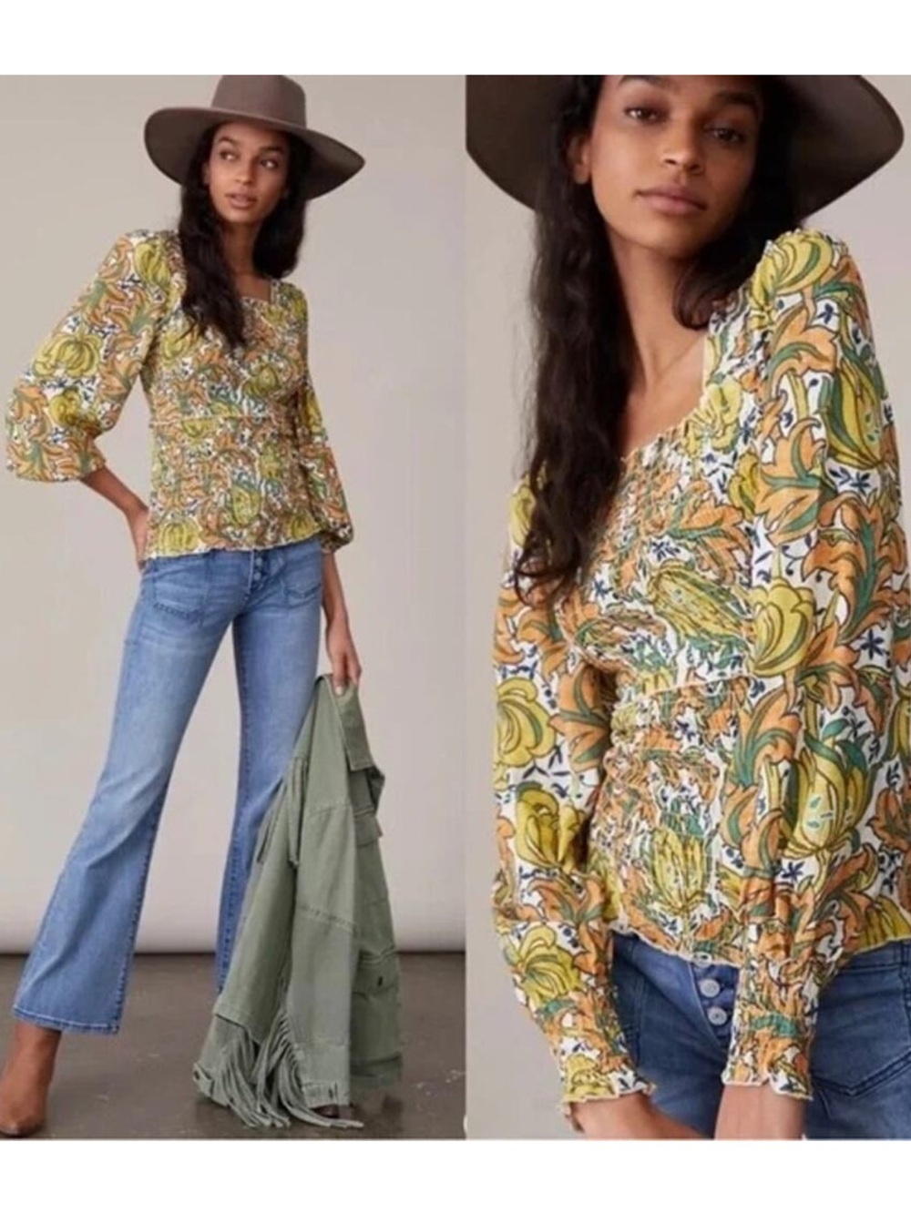 Anthropologie Long Sleeve Smocked Top